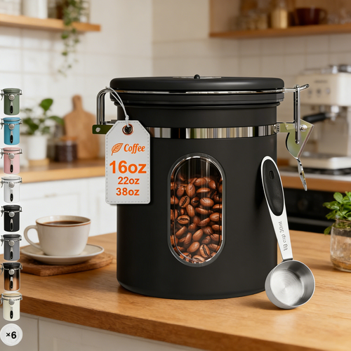 Airtight Stainless Steel Kitchen Food Storage Container with Lids, Date Tracker and Scoop for Grounds Coffee