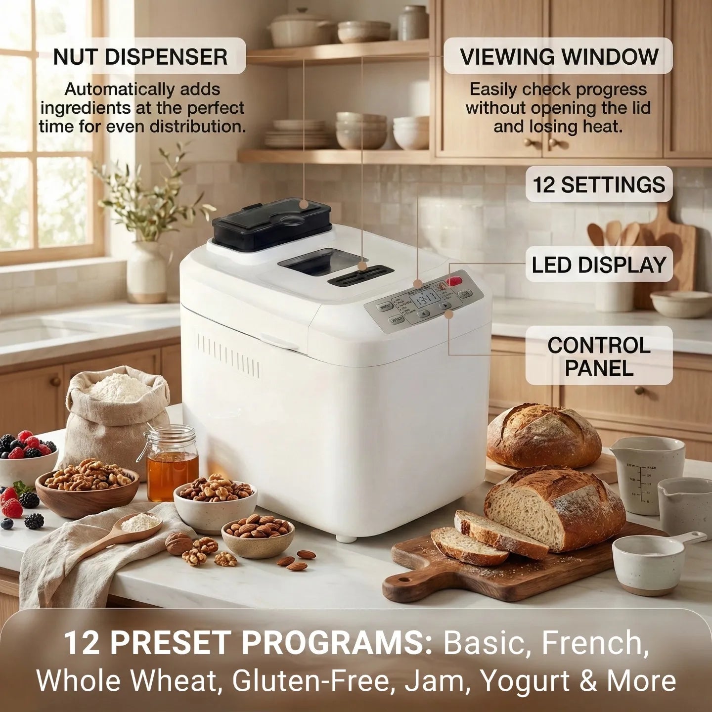 12-in-1 Bread Maker: Perfect Bread, Anytime with Auto Dispenser & Delay Timer