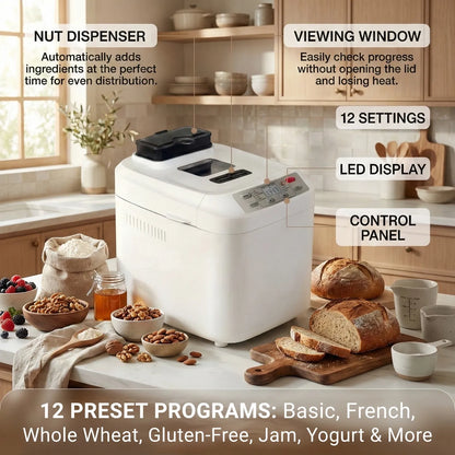 12-in-1 Bread Maker: Perfect Bread, Anytime with Auto Dispenser & Delay Timer